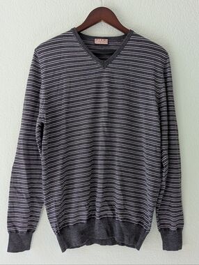 Thomas Pink Merino Wool V-Neck Purple Gray Striped Sweater Men's Size M